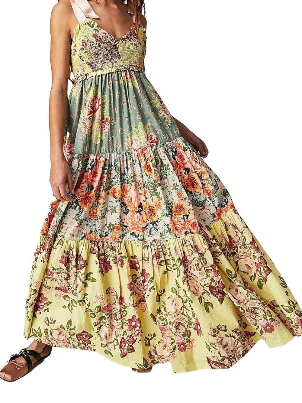 Floral Tiered Maxi Dress with Pink Ribbon Straps